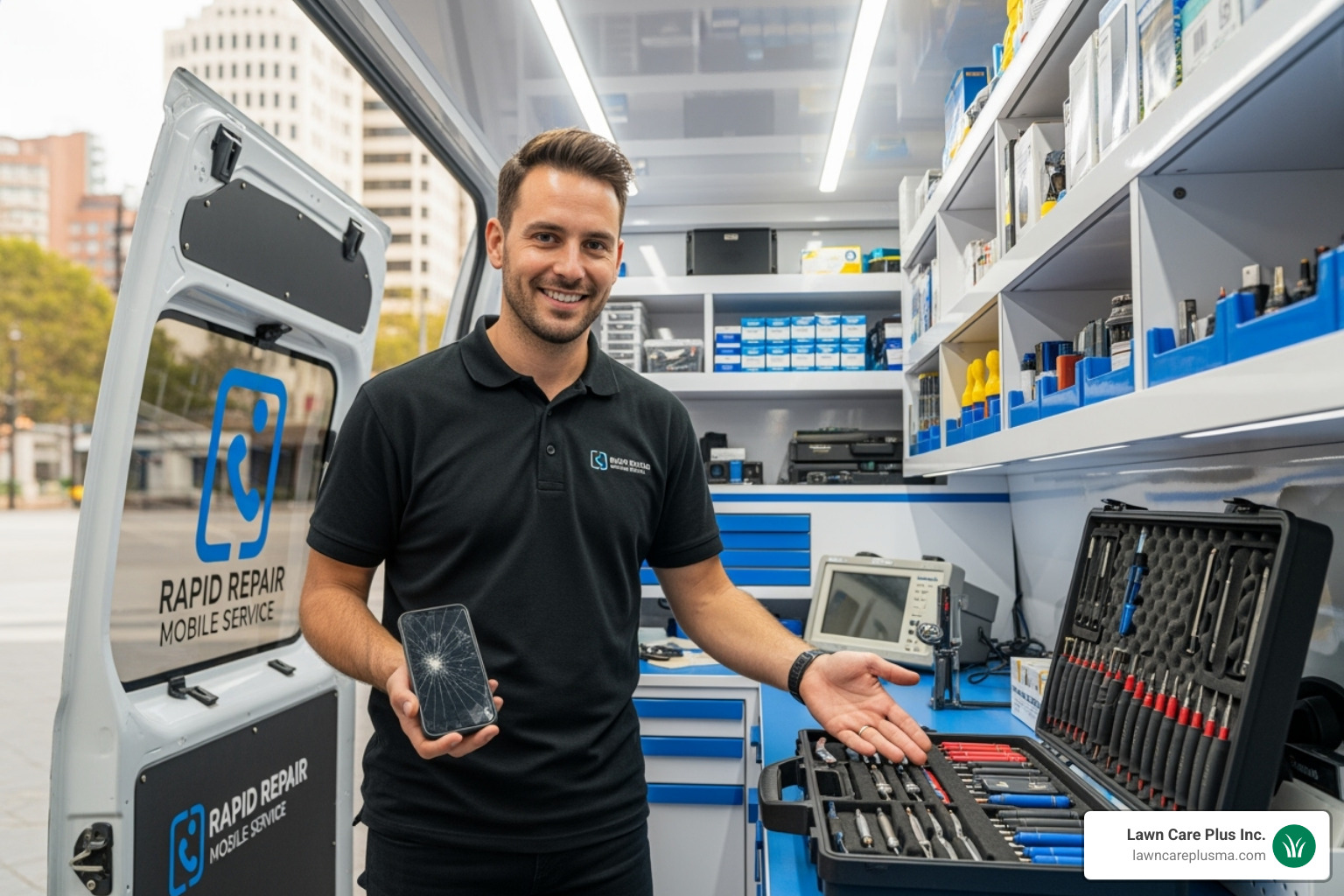 A friendly technician in a branded mobile repair van - lawn mower services near me