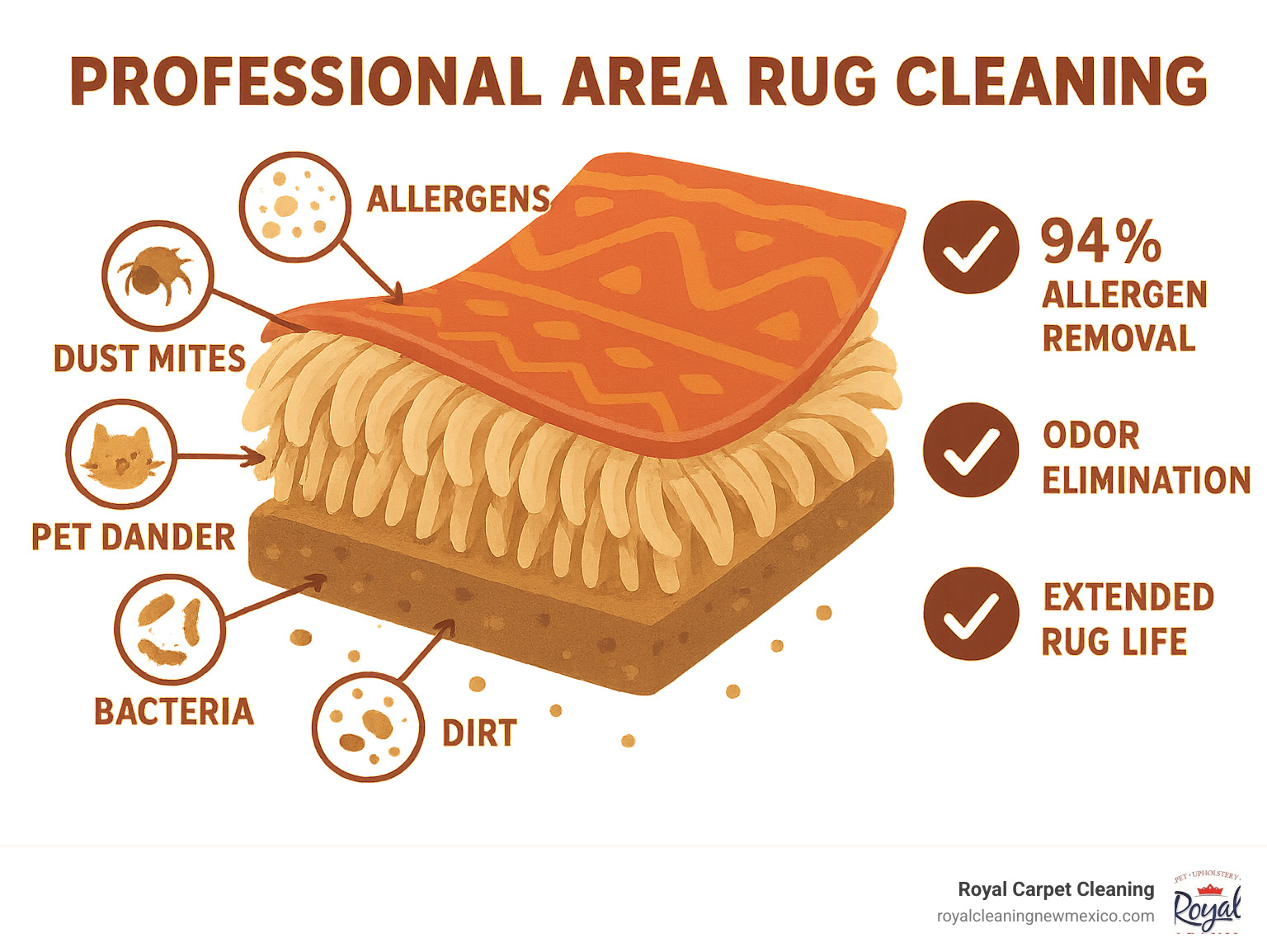 Infographic showing cross-section of area rug with layers of dirt, allergens, dust mites, pet dander, and bacteria trapped in fibers, along with benefits of professional cleaning including 94% allergen removal, odor elimination, and extended rug life - area rug cleaning service near me infographic 