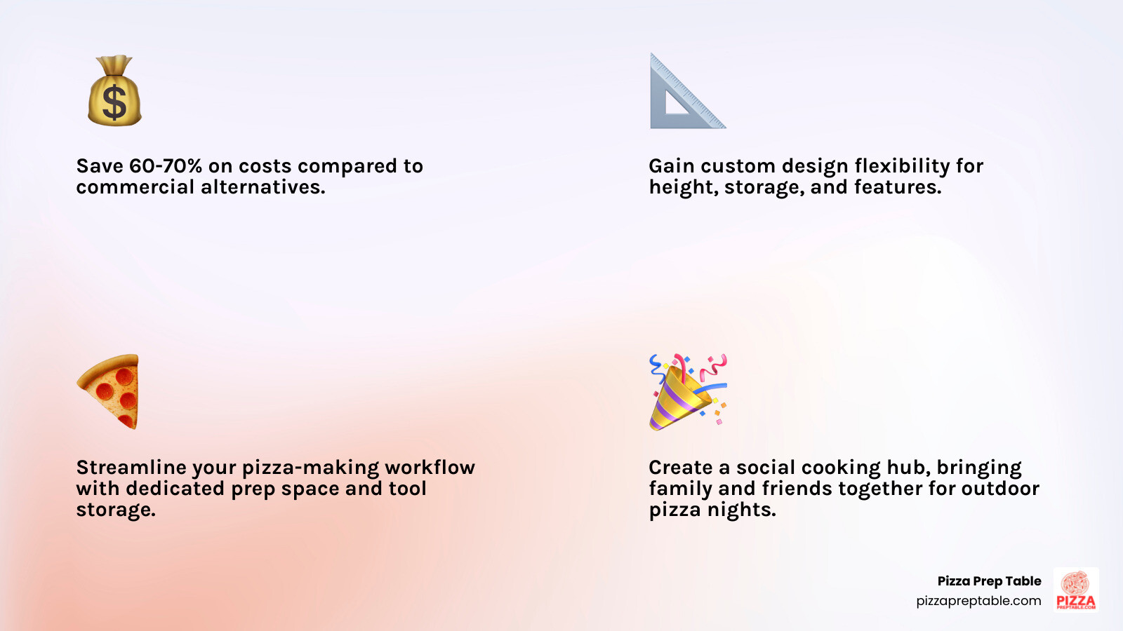Infographic showing the four main benefits of a DIY outdoor pizza prep table: 1) Cost savings of 60-70% compared to commercial alternatives, 2) Custom design flexibility for height, storage, and features, 3) Streamlined pizza-making workflow with dedicated prep space and tool storage, 4) Social cooking hub that brings family and friends together around outdoor pizza nights - diy outdoor pizza prep table infographic 4_facts_emoji_light-gradient
