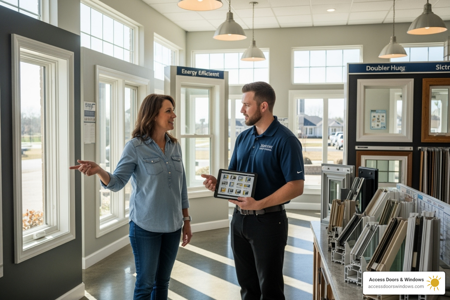 homeowner discussing window options with a professional installer in a showroom - hurricane impact windows fort myers fl