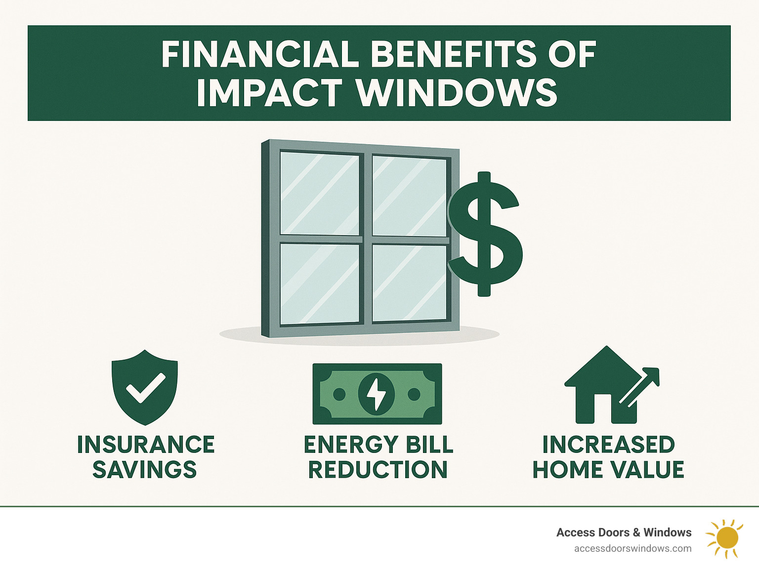 Infographic showing financial benefits of impact windows, including insurance savings, energy bill reduction, and increased home value - hurricane impact windows fort myers fl infographic 