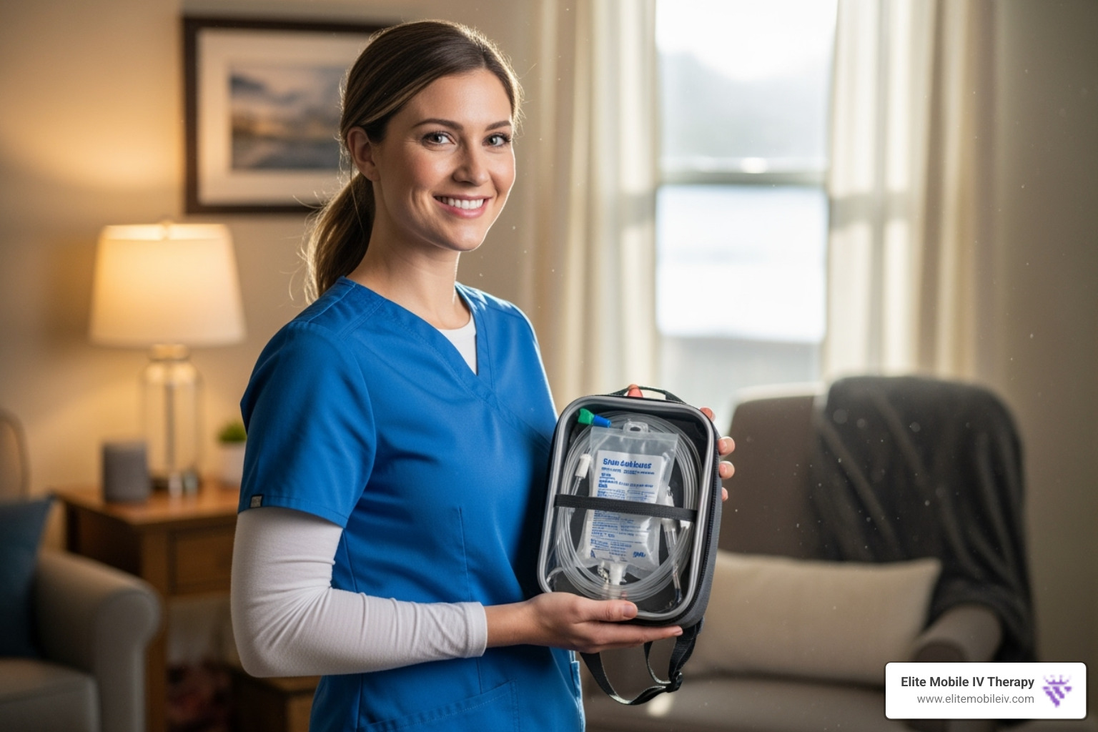 Smiling nurse with mobile IV therapy kit - At home IV nurse