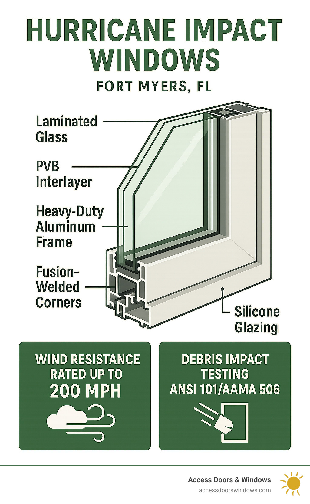 Detailed infographic showing the anatomy of a hurricane impact window with laminated glass layers, PVB interlayer, heavy-duty aluminum frame, fusion-welded corners, and silicone glazing process, plus wind resistance ratings and debris impact testing standards - hurricane impact windows fort myers fl infographic 