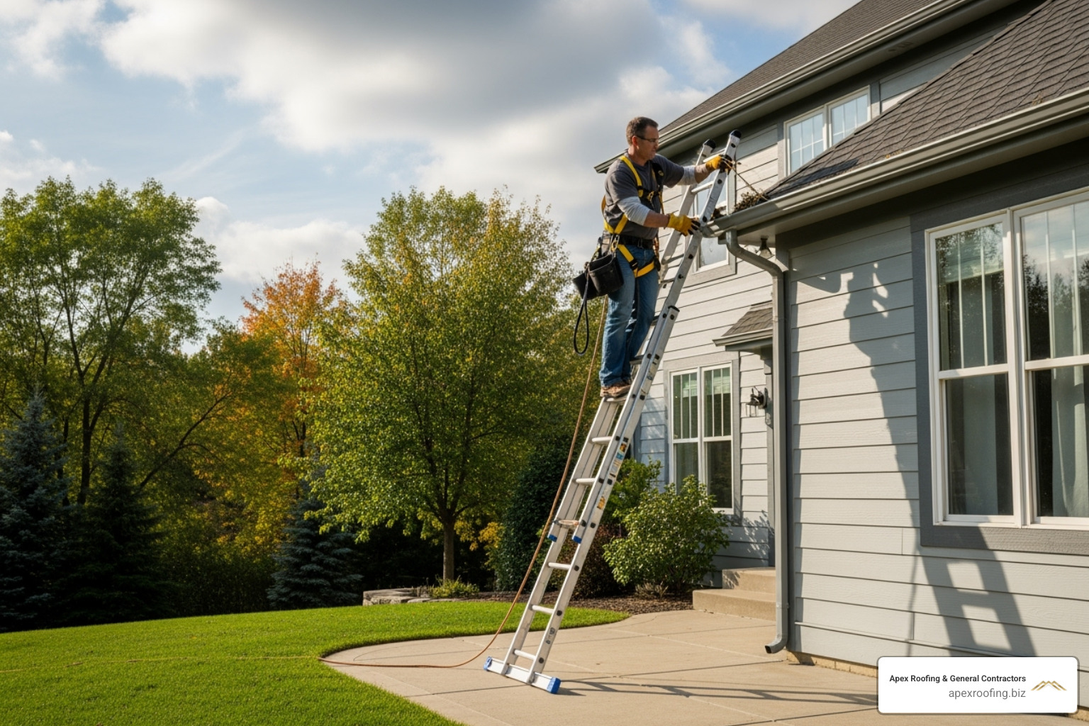 image of a homeowner safely cleaning gutters from a ladder - gutter and roof repair handyman