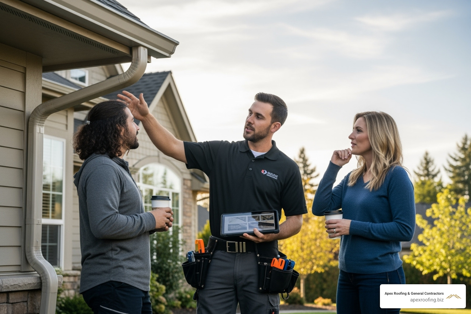 image of a professional handyman discussing a project with a homeowner - gutter and roof repair handyman