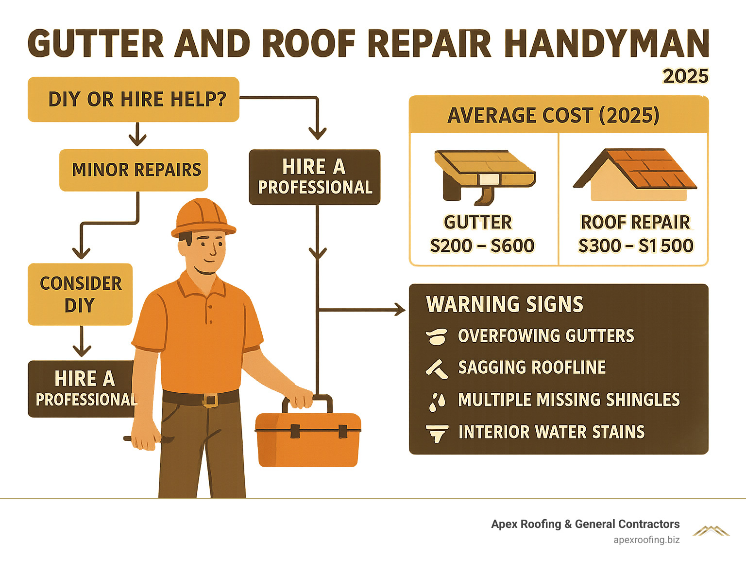 Comprehensive infographic showing the decision tree for gutter and roof repair handyman selection, including when to choose DIY vs professional help, key credentials to verify, average cost ranges for common repairs, and warning signs that require immediate professional attention - gutter and roof repair handyman infographic 