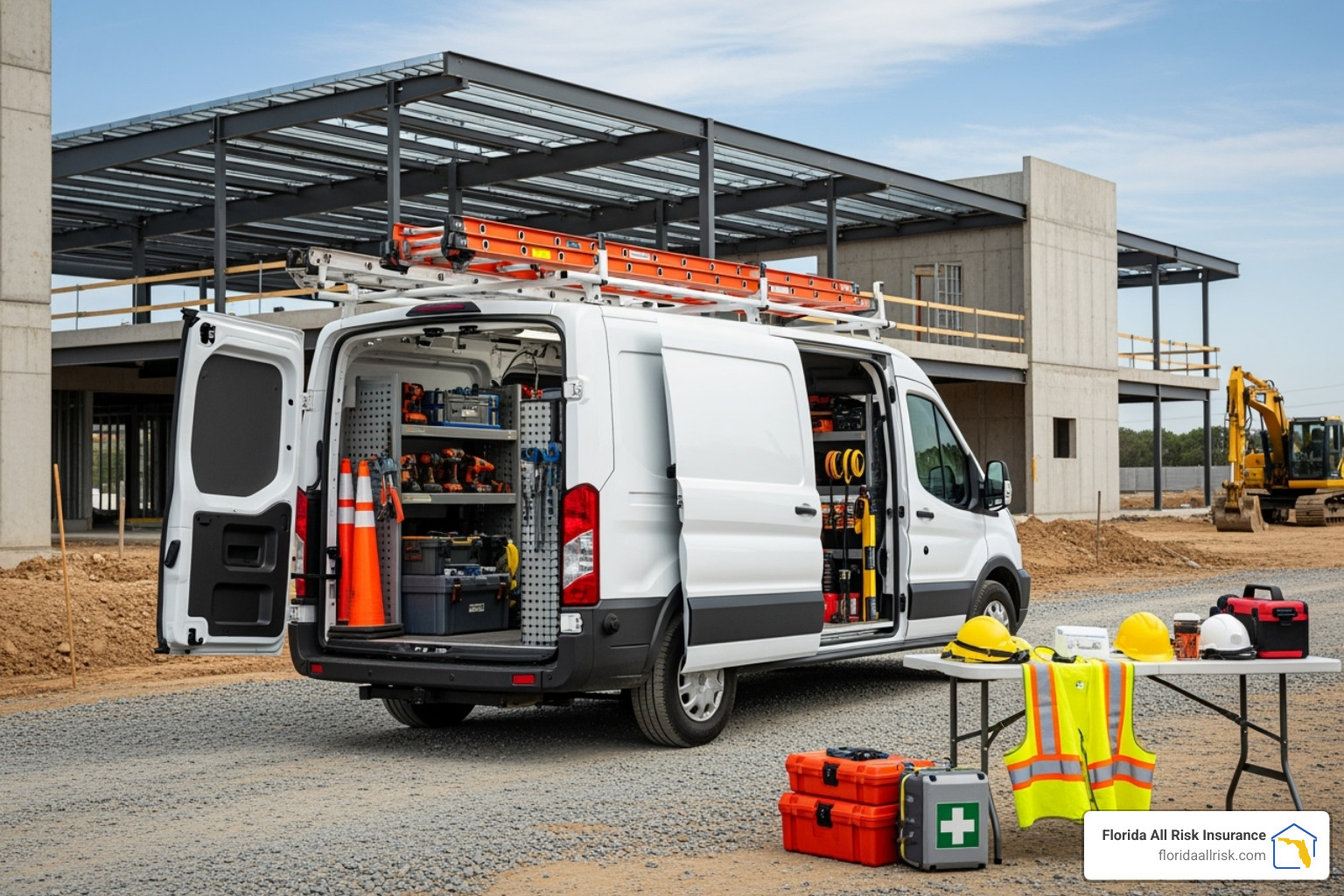 Image of a commercial vehicle and a safe, organized worksite. - cheap business insurance