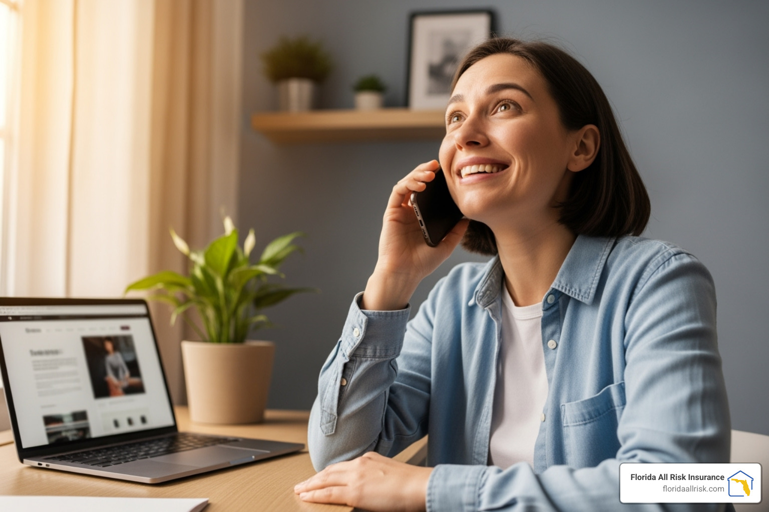 Person on the phone with an insurance agent, looking relieved - does everyone in florida need flood insurance