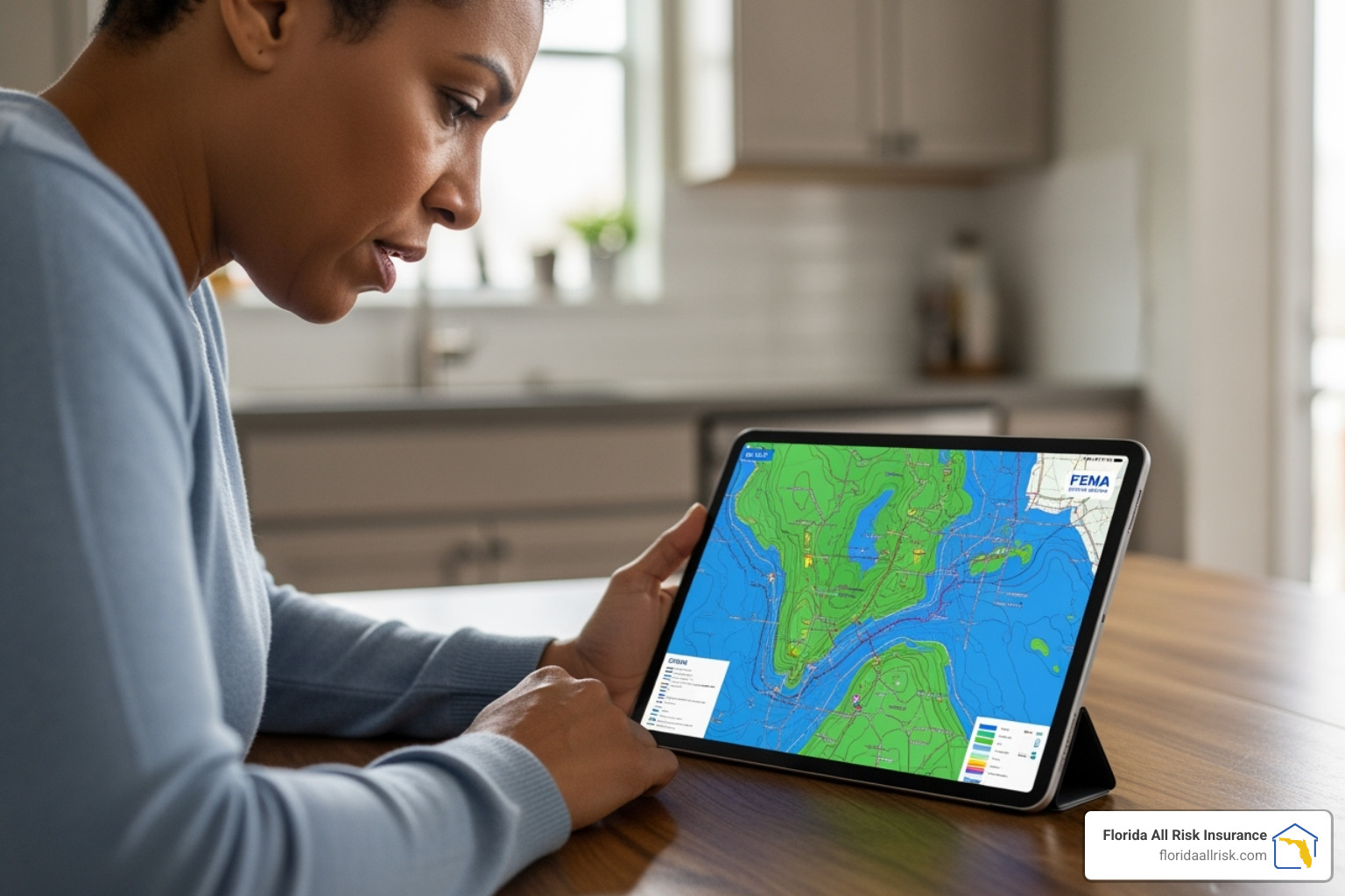 Homeowner reviewing a FEMA flood map on a tablet - does everyone in florida need flood insurance
