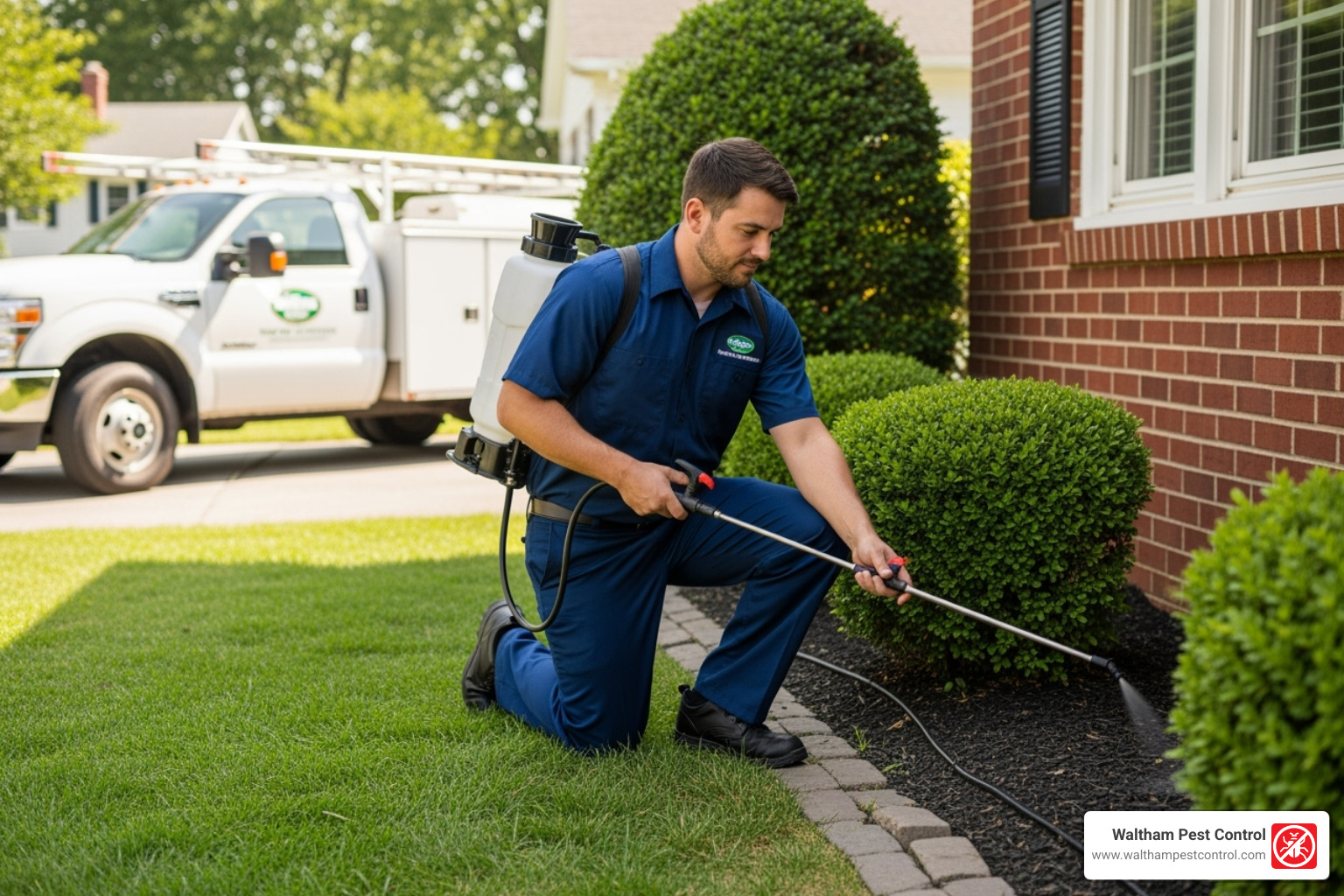 Pest control technician applying an ant treatment around a home's foundation - what do pest control companies use for ants