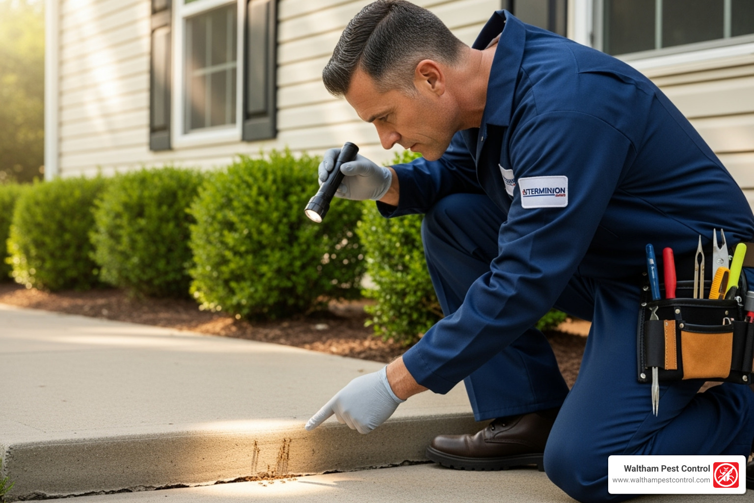 Exterminator inspecting a house foundation for ant entry points - what do pest control companies use for ants
