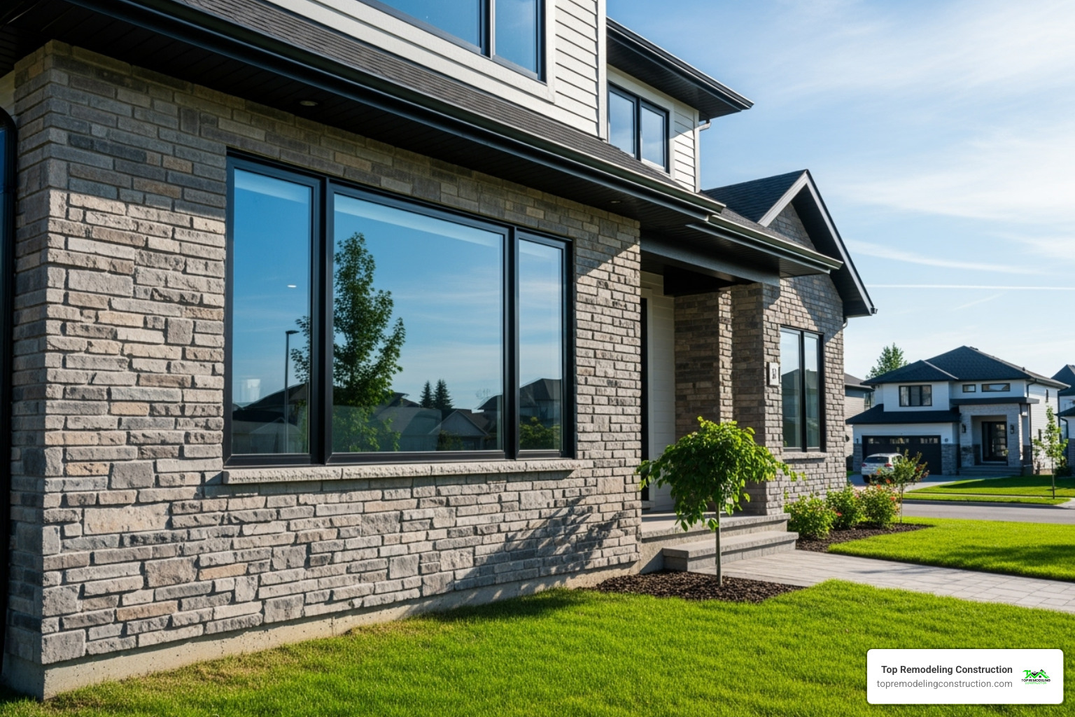 A home's facade with newly installed manufactured stone veneer - top 10 home renovations to increase value