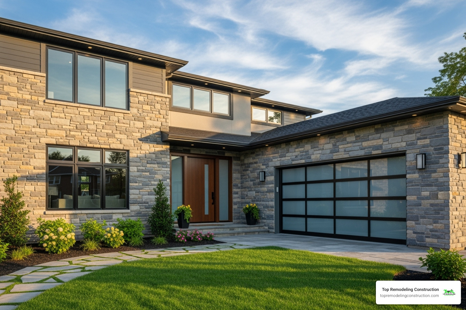 A stunning home exterior highlighting a new garage door, entry door, and stone veneer - top 10 home renovations to increase value