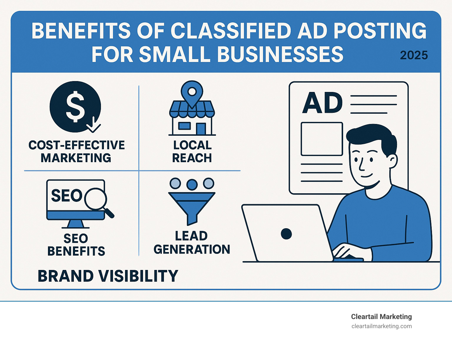 Benefits of classified ad posting for small businesses including cost-effective marketing, local reach, SEO benefits, lead generation, and brand visibility - best ad posting sites infographic 