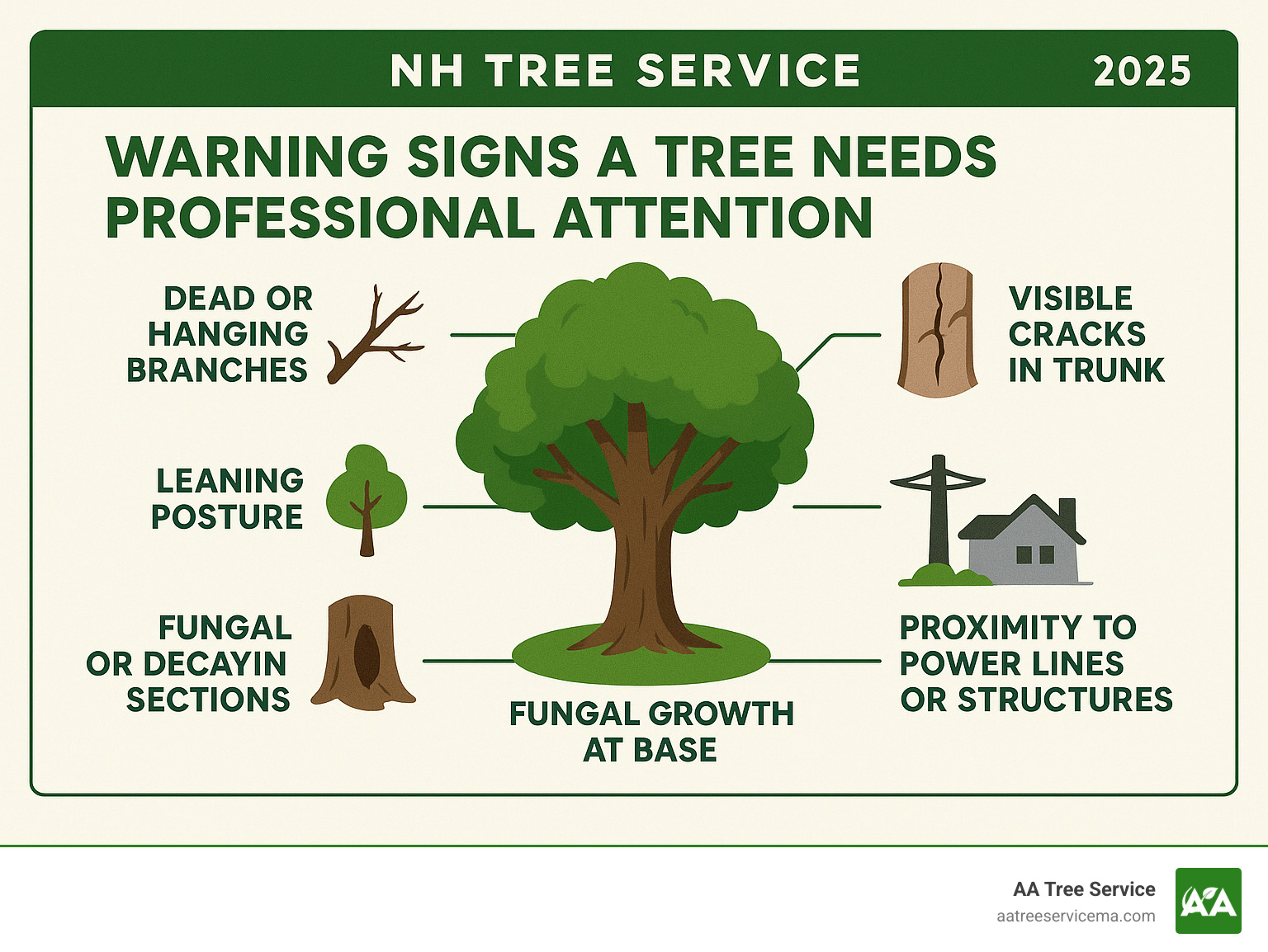 Infographic showing warning signs that indicate a tree needs professional attention: dead or hanging branches, visible cracks in trunk, leaning posture, fungal growth at base, hollow or decaying sections, and proximity to power lines or structures - nh tree service infographic Infographic showing warning signs that indicate a tree needs professional attention: dead or hanging branches, visible cracks in trunk, leaning posture, fungal growth at base, hollow or decaying sections, and proximity to power lines or structures - nh tree services infographic