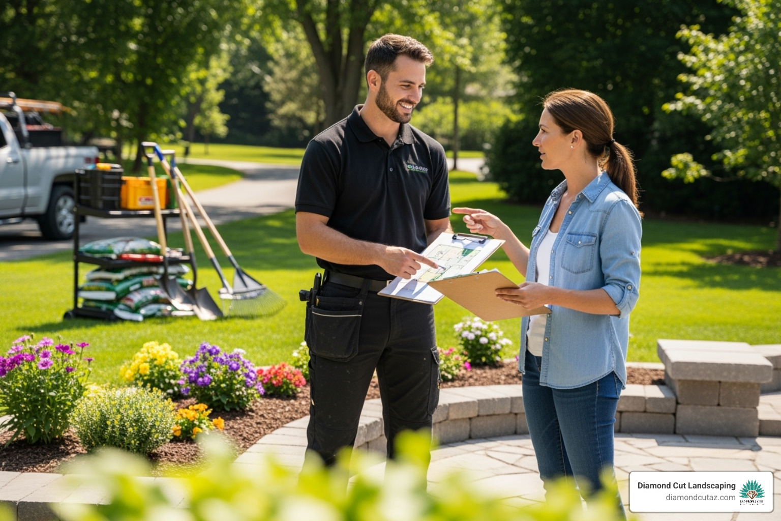 friendly landscaper discussing plans with homeowner - arizona landscaping company