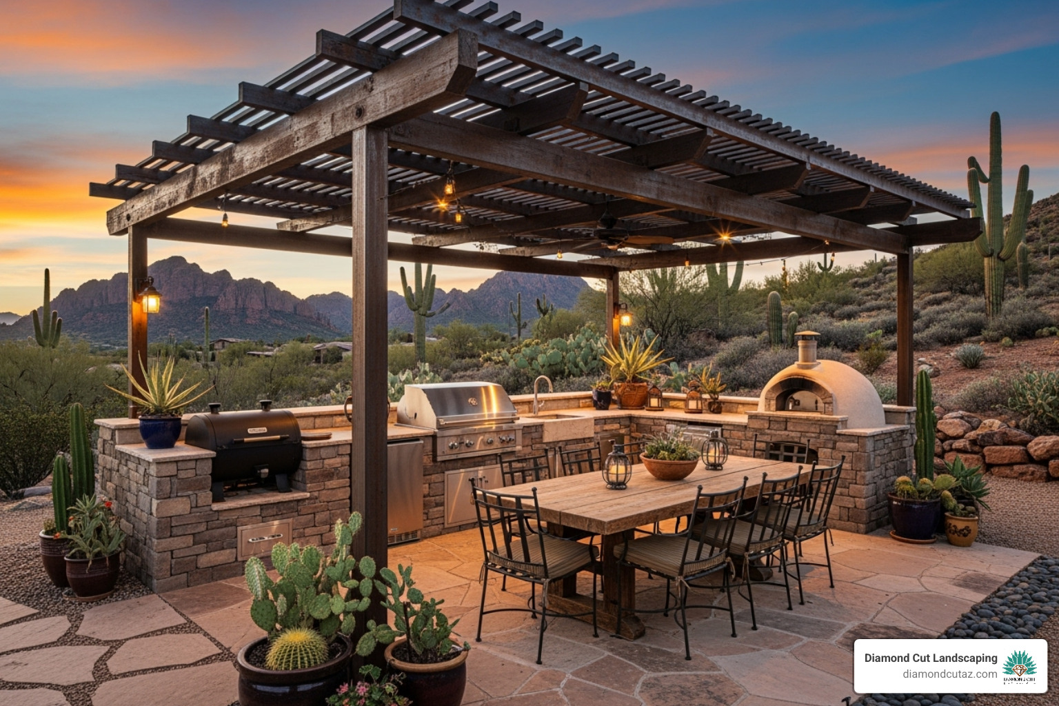 custom outdoor kitchen and pergola - arizona landscaping company