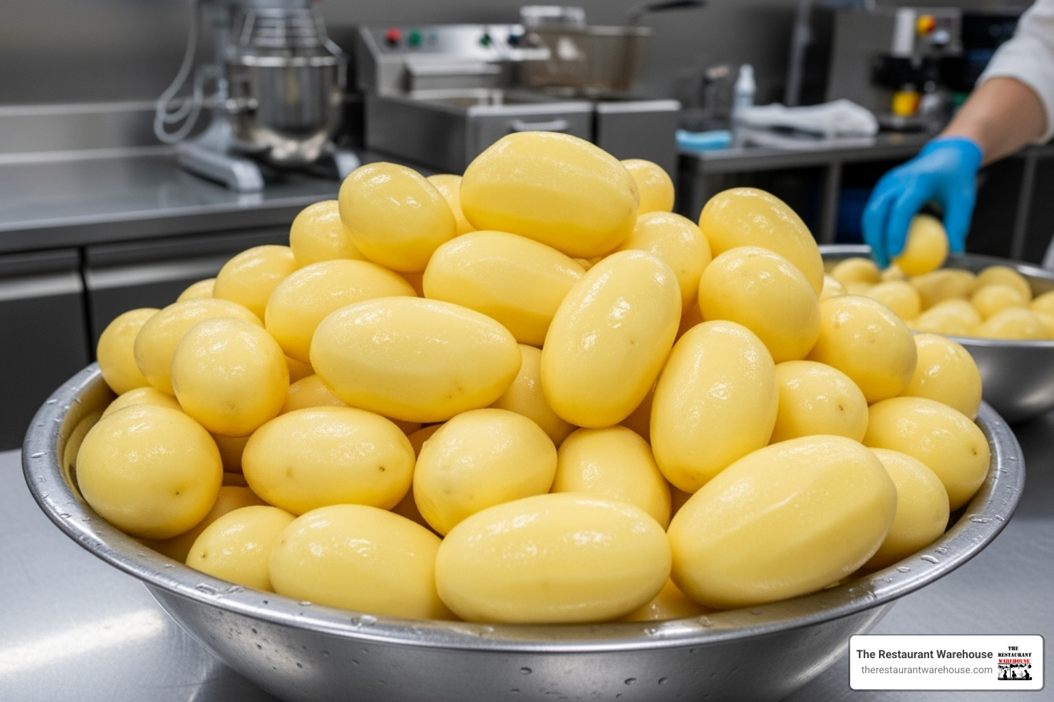 large batch of uniformly peeled potatoes - commercial vegetable peeler