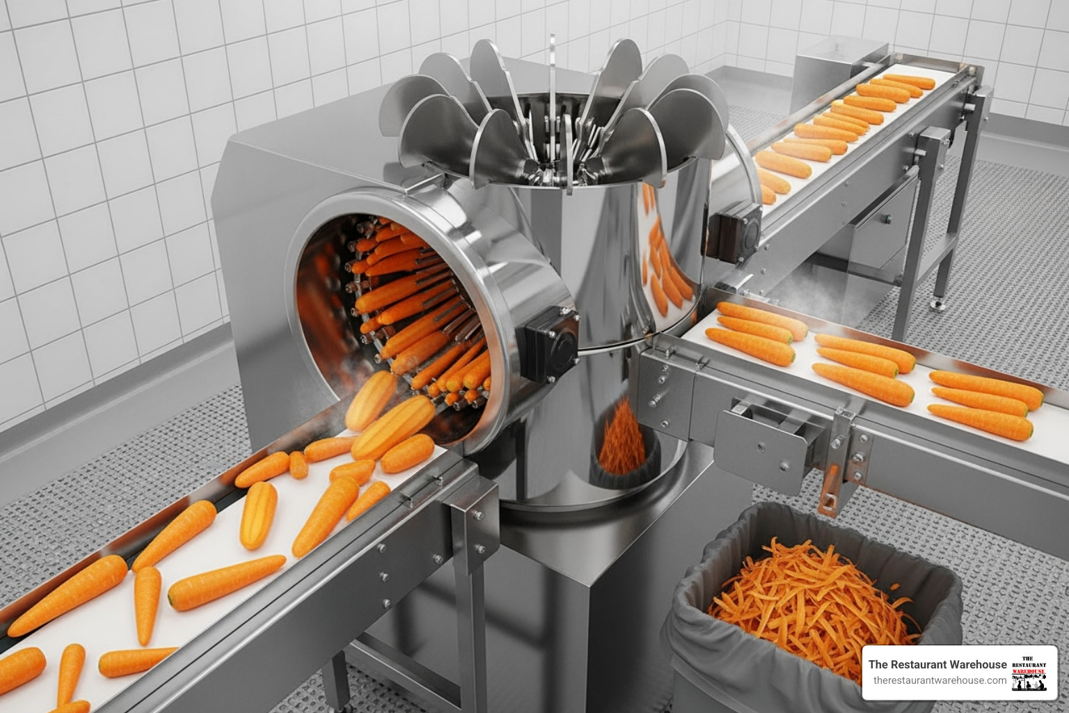 continuous-feed knife peeler processing carrots - commercial vegetable peeler