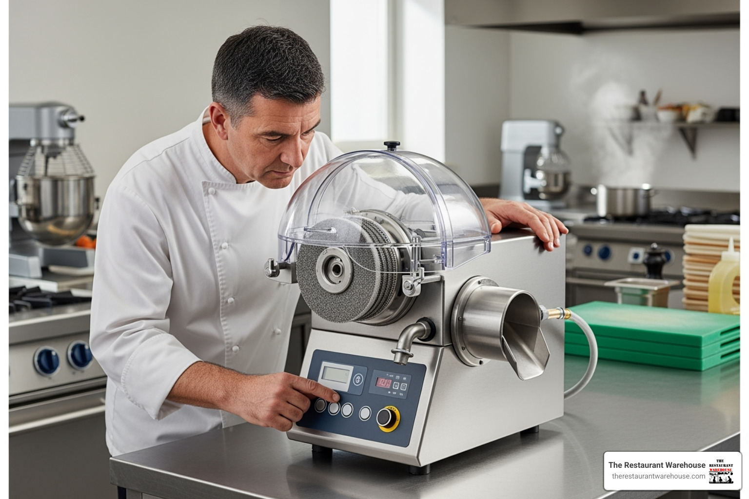 chef inspecting a countertop commercial peeler - commercial vegetable peeler