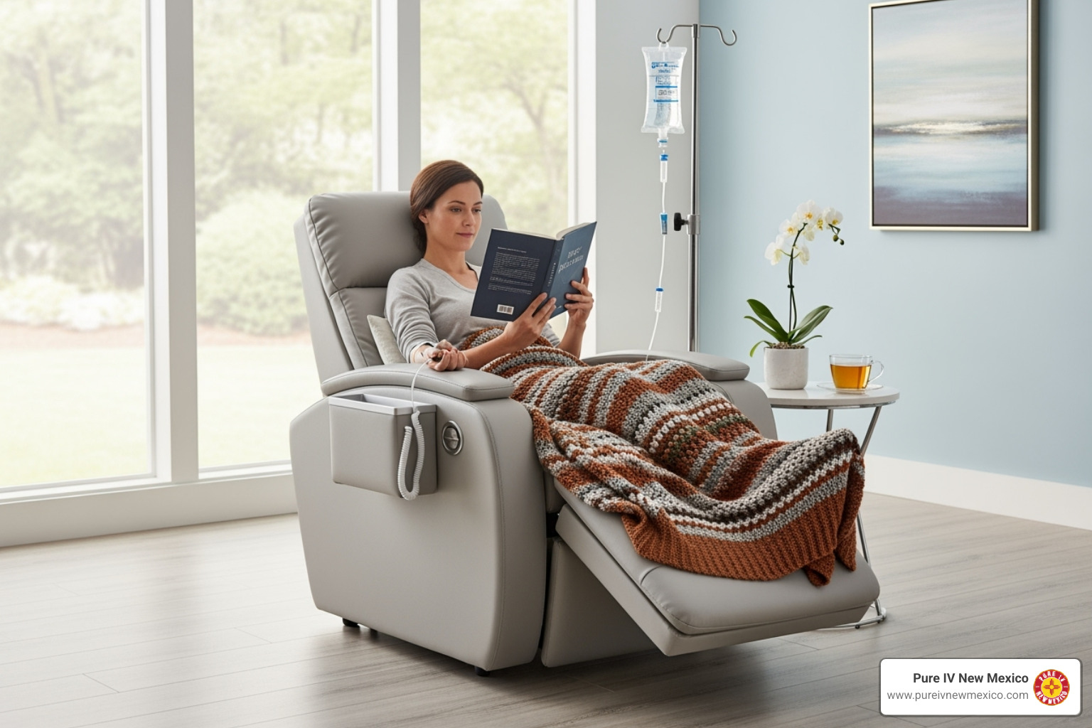 patient relaxing in an infusion chair with a book and blanket - infusion services