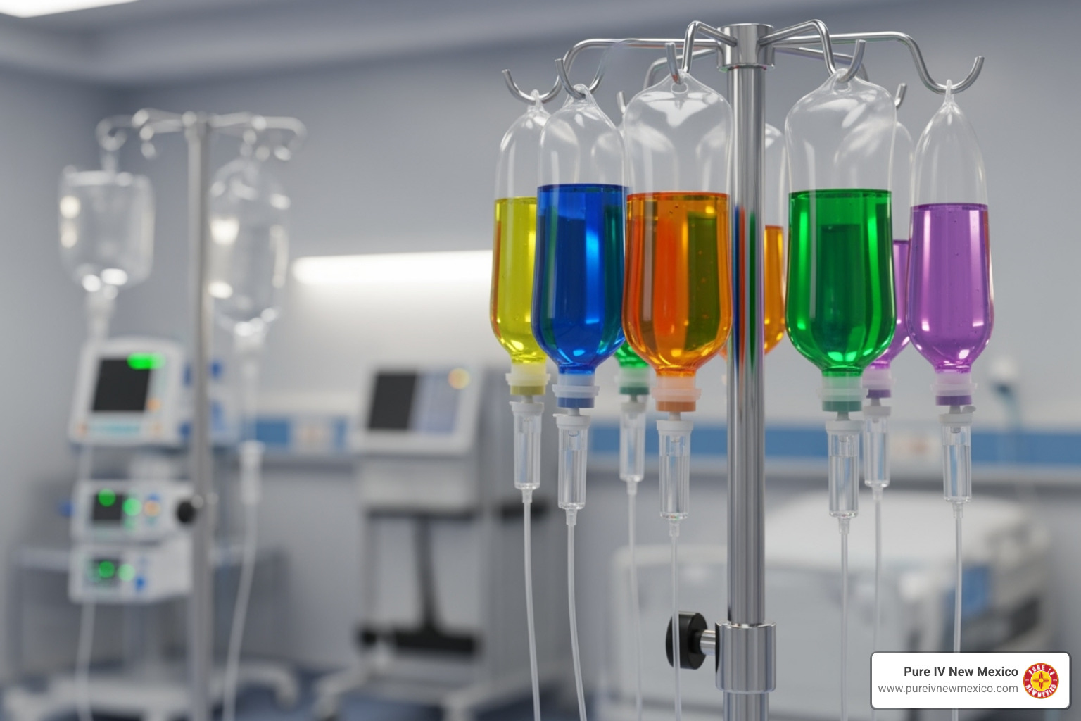 various IV bags with different colored fluids, labeled with general categories like 'Antibiotics', 'Vitamins', 'Biologics' - infusion services