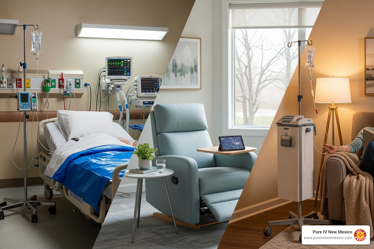 collage showing a hospital room, a comfortable outpatient clinic chair, and a mobile IV setup in a home - infusion services