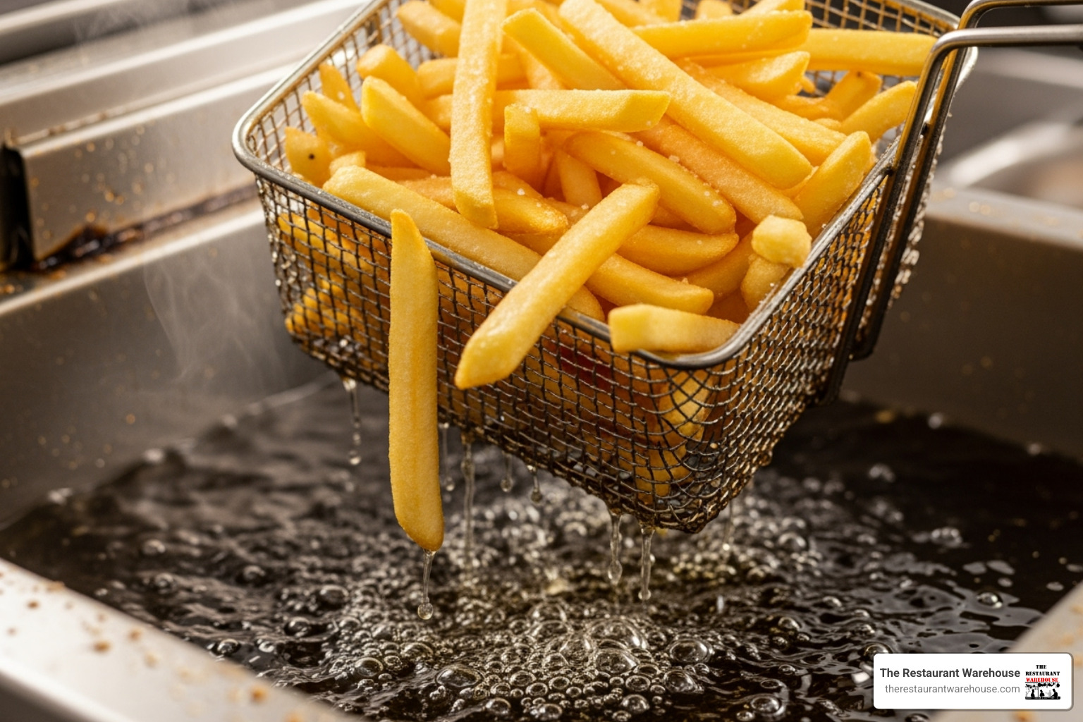 perfectly golden french fries being lifted from a fryer - high efficiency fryers