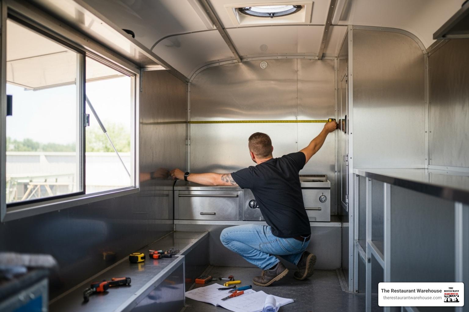 person measuring space in a food truck for new equipment - high efficiency fryers