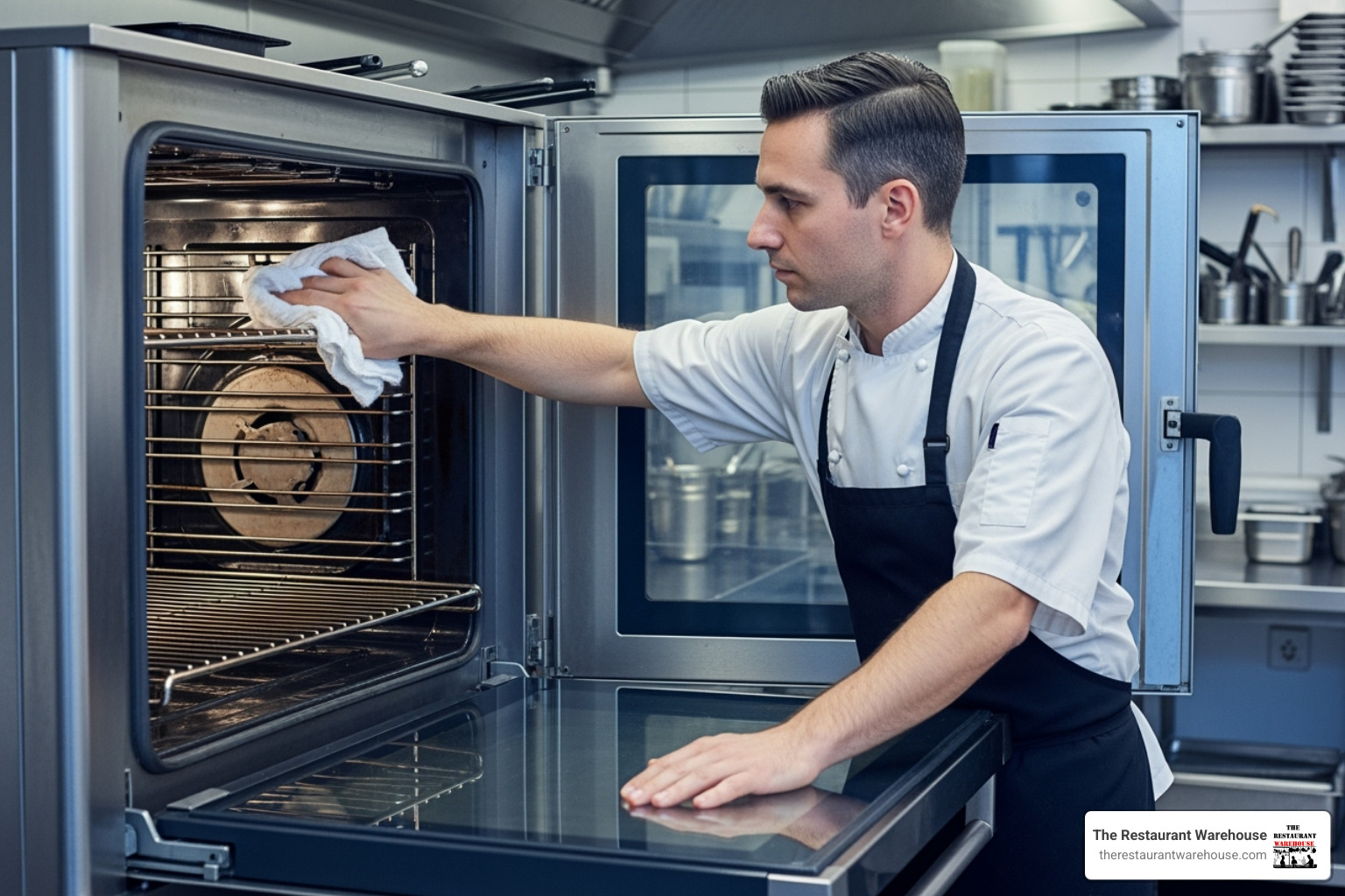 chef wiping down the interior of a stainless steel oven - commercial catering oven
