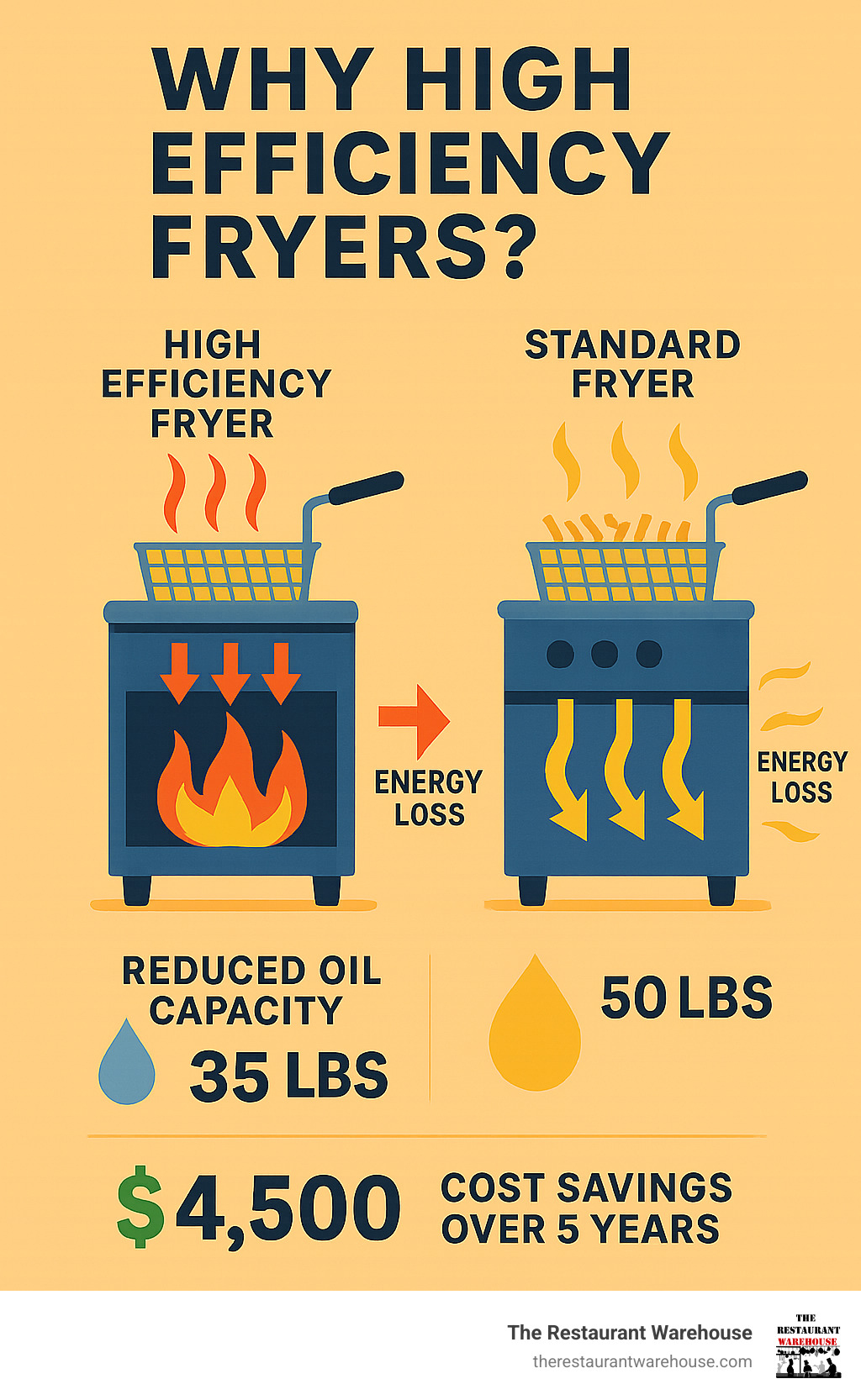 Detailed comparison infographic showing a high efficiency fryer versus standard fryer with heat transfer arrows, energy loss indicators, oil capacity differences, and cost savings calculations over time - high efficiency fryers infographic 