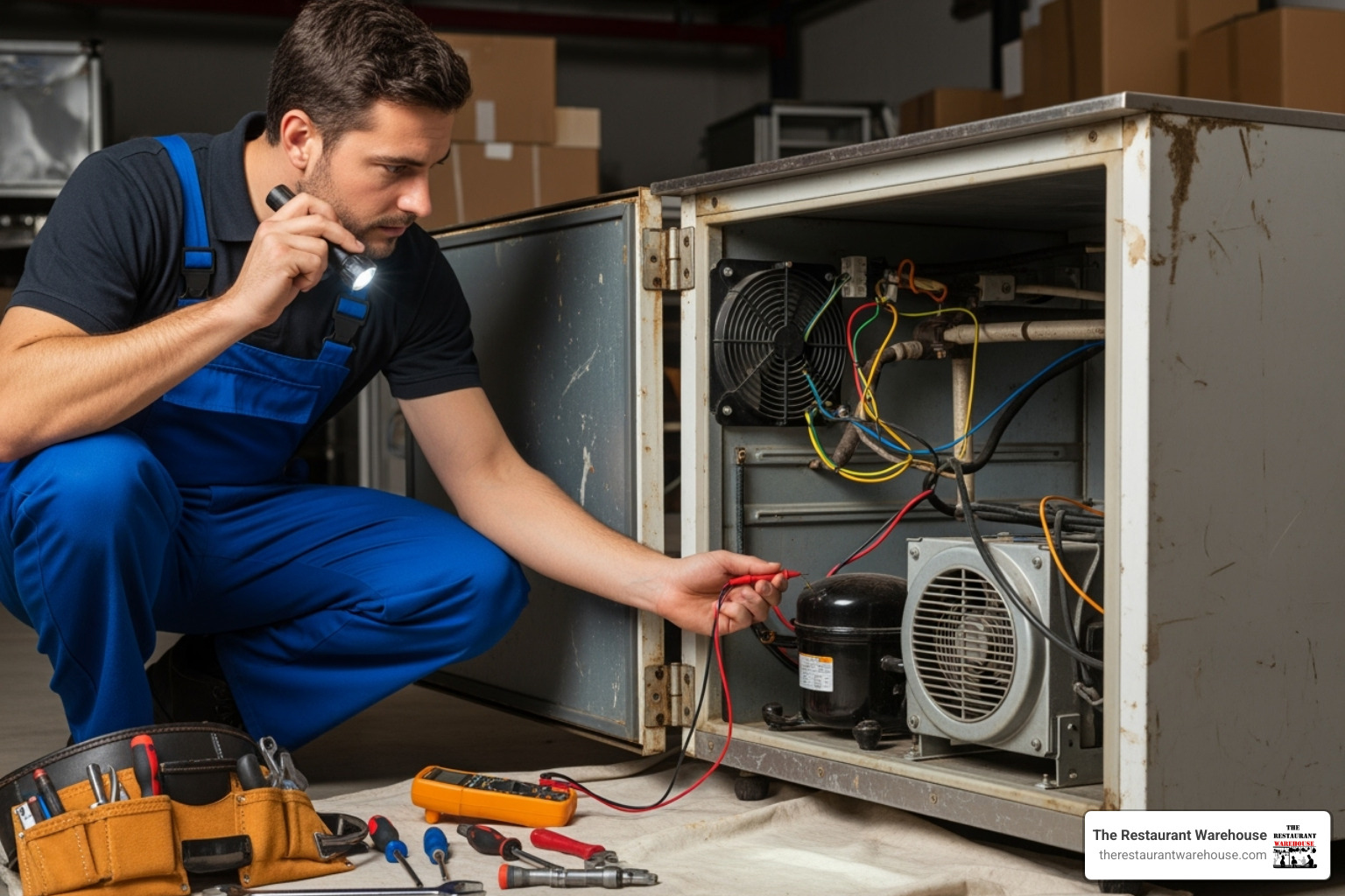 technician inspecting a used commercial refrigerator - used restaurant equipment leasing