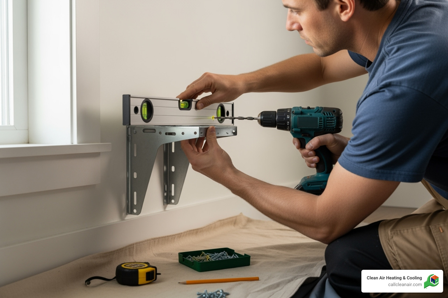a person carefully mounting the indoor unit's bracket to a wall, using a level - mini split ac installation