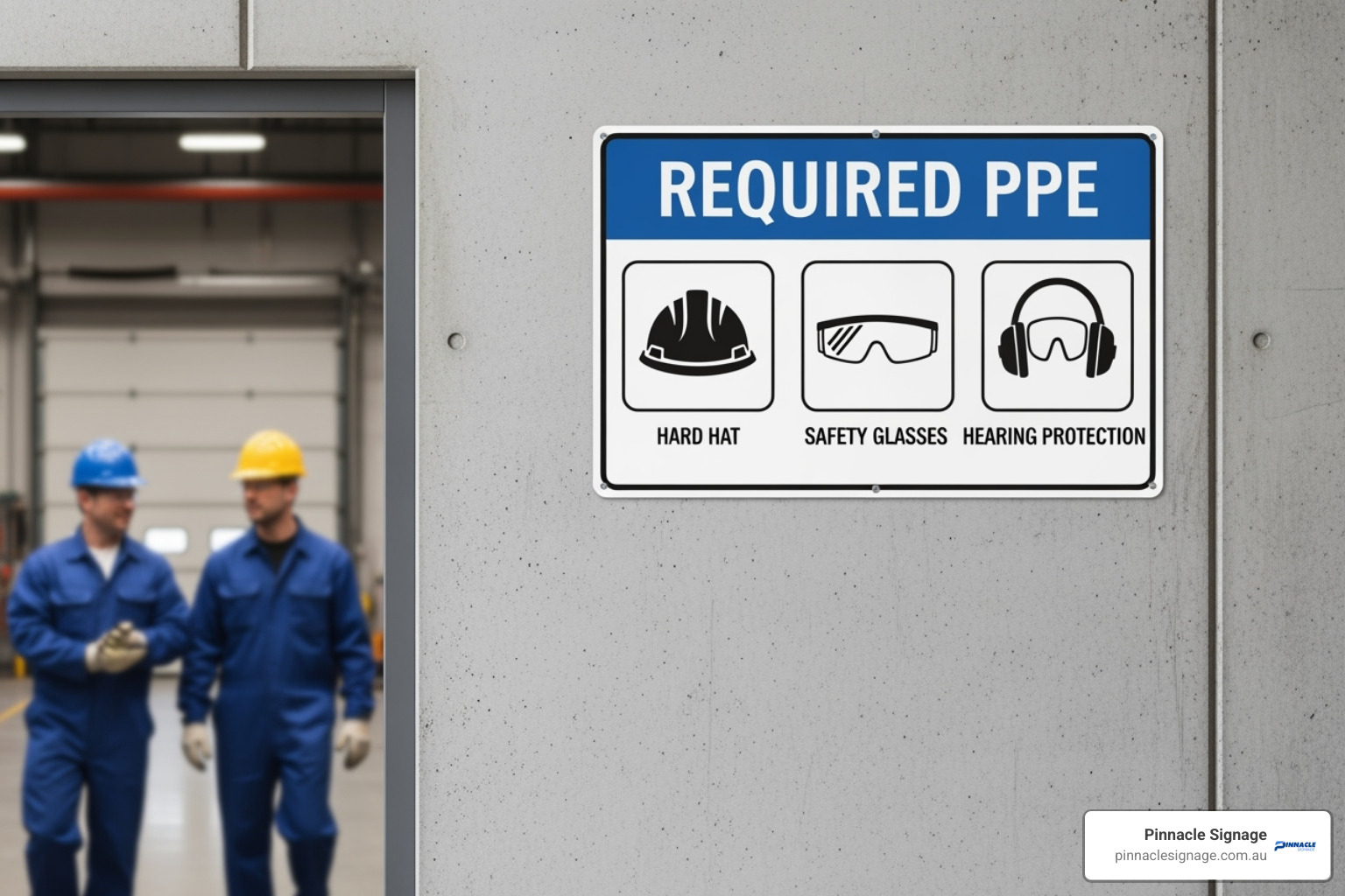 Image showing a well-placed PPE sign at eye-level, just before the entrance to a workshop, allowing workers to easily see and comply with requirements. - personal protective equipment signage