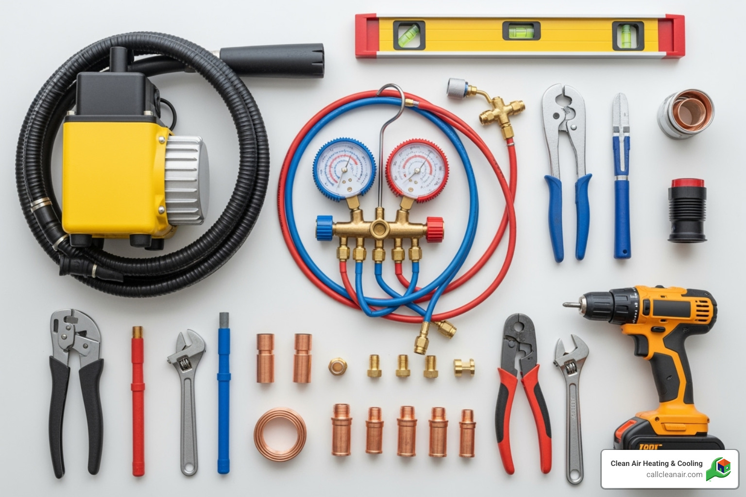a layout of essential installation tools like a vacuum pump, manifold gauges, drill, and level - mini split ac installation