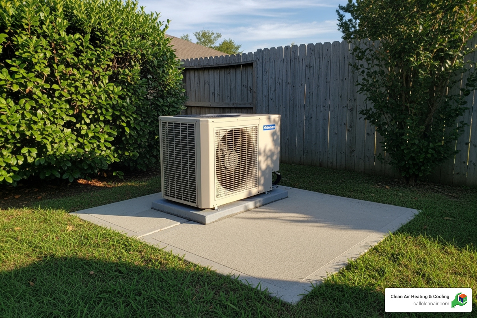 an outdoor condenser unit properly placed on a concrete pad with adequate clearance - mini split ac installation