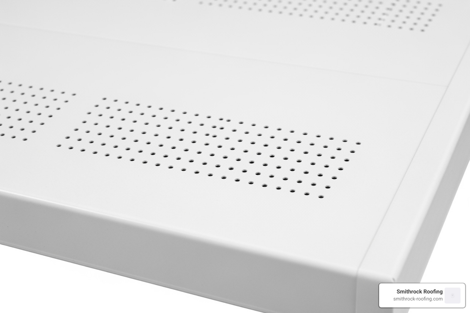 A close-up of a clean, vented vinyl soffit panel, highlighting the ventilation holes. - fascia and soffit repair