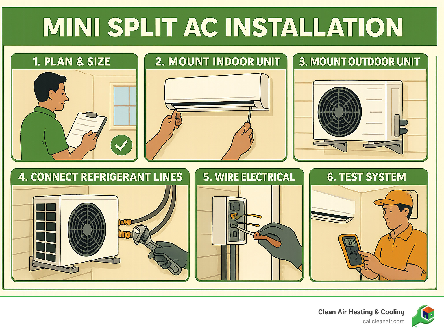 Detailed infographic showing the complete mini split installation process from planning and sizing through mounting indoor and outdoor units, connecting refrigerant lines, electrical wiring, and final system testing with clear step-by-step visual instructions - mini split ac installation infographic 