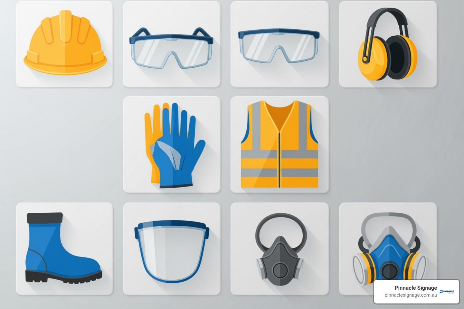 A multi-message PPE sign prominently displayed at the entrance to a busy construction site, showing various required protective gear symbols. - personal protective equipment signage