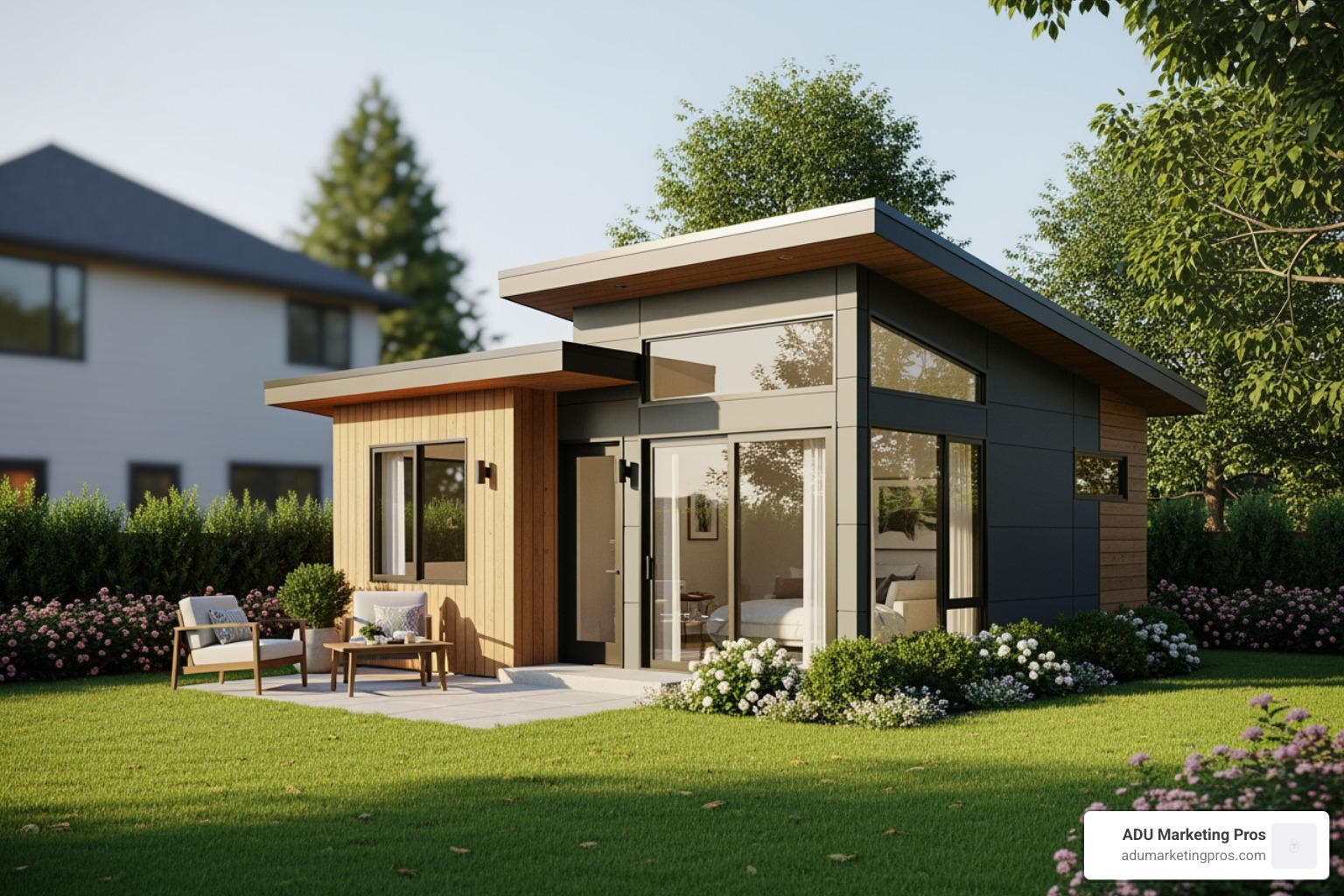 compelling Facebook ad for an ADU builder, showcasing a beautiful design - improve ADU business online visibility