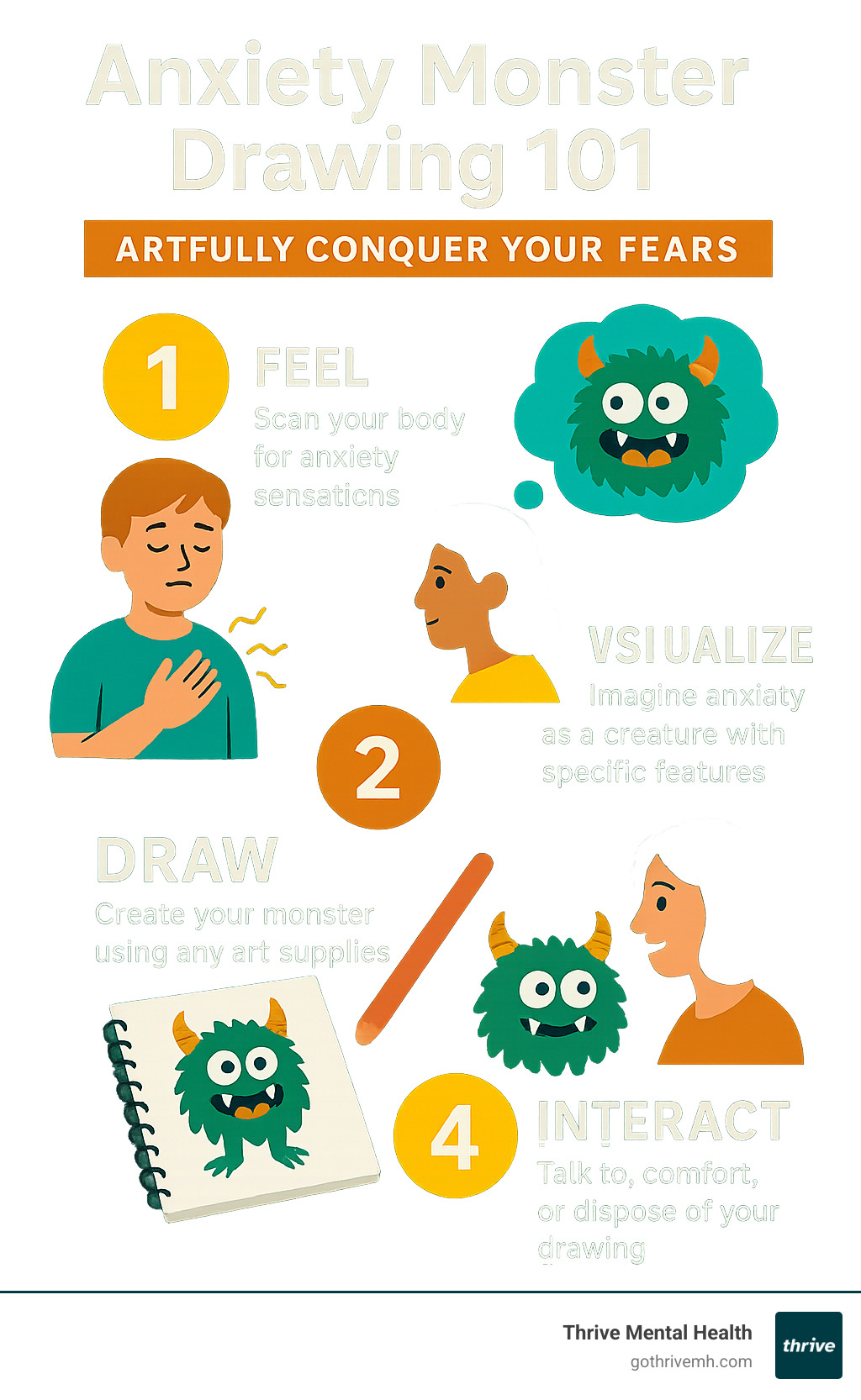 Infographic showing the 4-step anxiety monster drawing process: 1. Feel - scan your body for anxiety sensations, 2. Visualize - imagine anxiety as a creature with specific features, 3. Draw - create your monster using any art supplies, 4. Interact - talk to, comfort, or dispose of your drawing - anxiety monster drawing infographic 