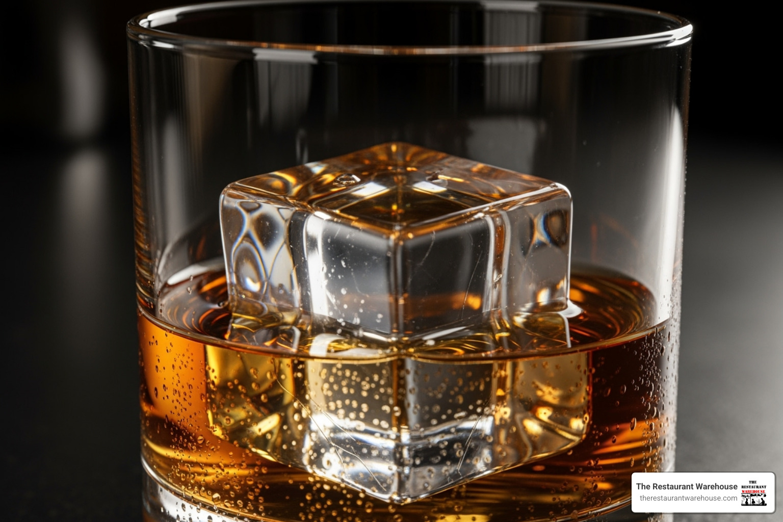 large, perfectly clear ice cube in a rocks glass with whiskey - ice maker for home bar