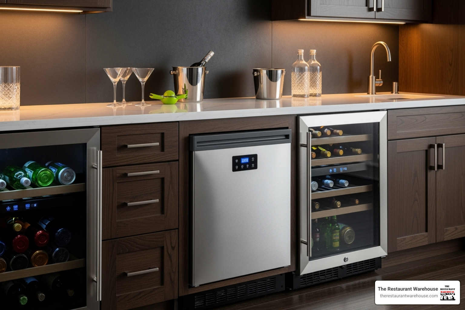 sleek under-counter ice maker integrated into home bar cabinetry - ice maker for home bar