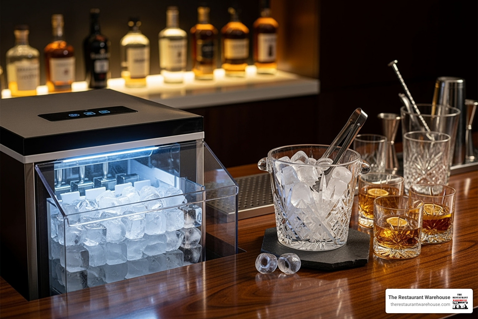 modern countertop ice maker on a bar cart with cocktail ingredients - ice maker for home bar