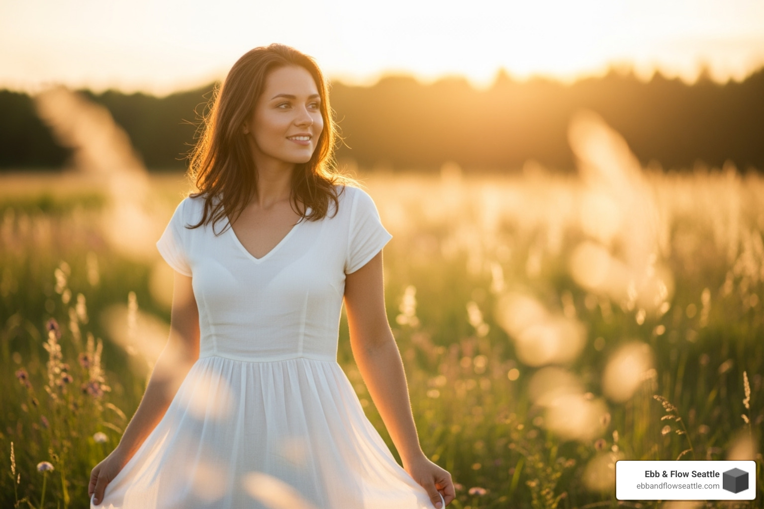 woman happy standing in a field, healed from her eating disorder