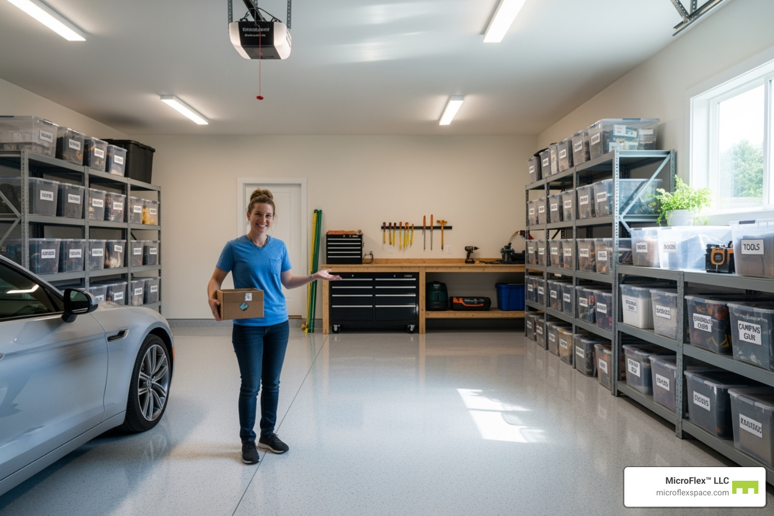 Person smiling in a newly organized and spacious garage - rent short term storage Person smiling in a newly organized and spacious garage - rent short term storage