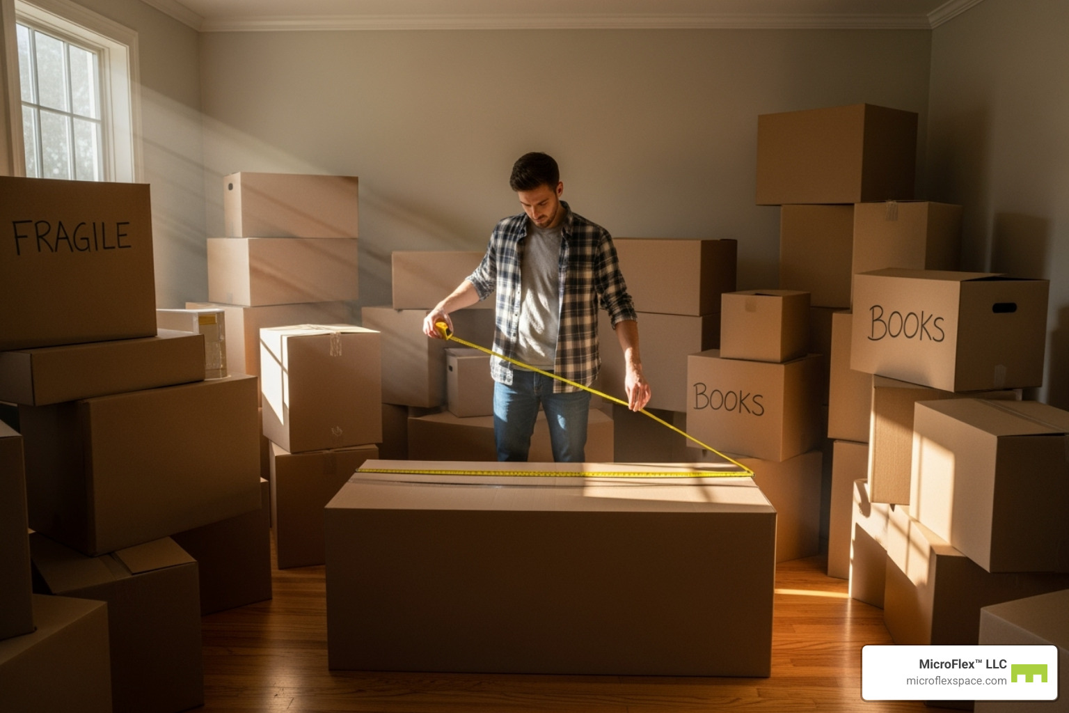 Person using a tape measure in a room filled with boxes - rent short term storage Person using a tape measure in a room filled with boxes - rent short term storage