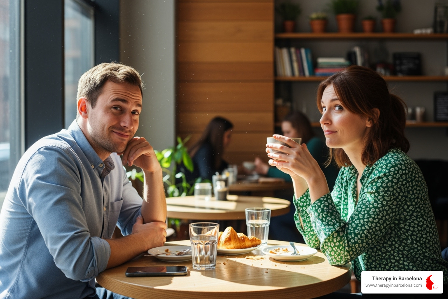 Couple communicating across a table with confused but friendly expressions. - Dating as an expat