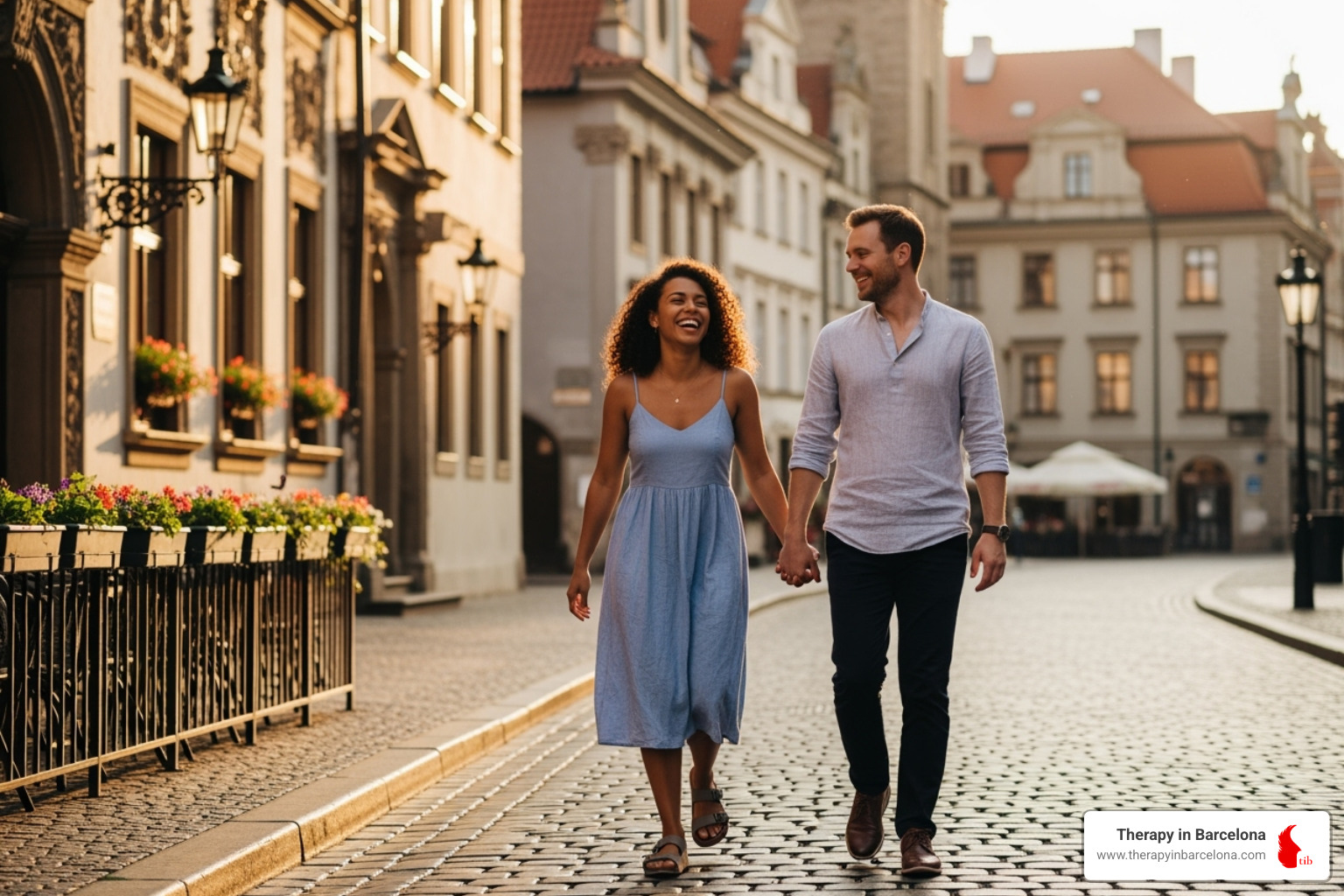 A happy, diverse couple walking hand-in-hand through a European city like Barcelona. - Dating as an expat