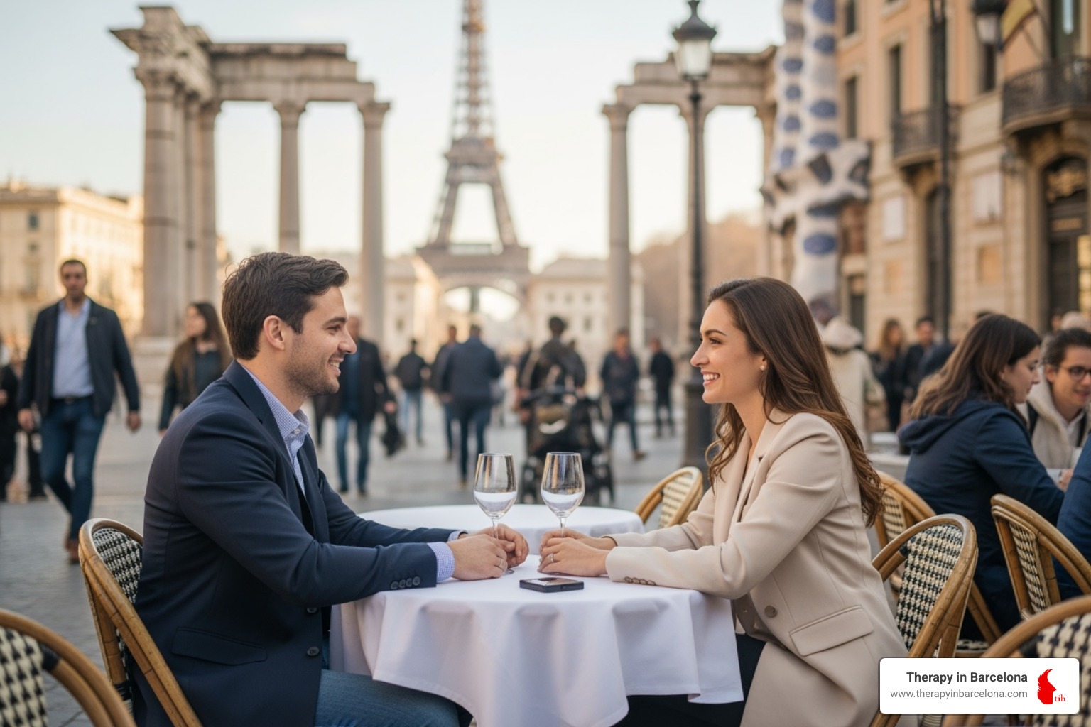 A person smiling while looking at their phone, with a dating app interface visible. - Dating as an expat